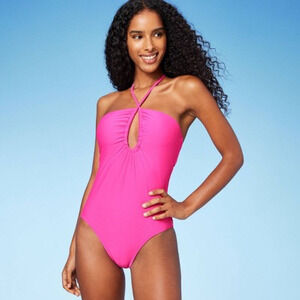 NEW Shade & Shore Women's Halter Keyhole Bandeau One Piece Swimsuit - Pink Large